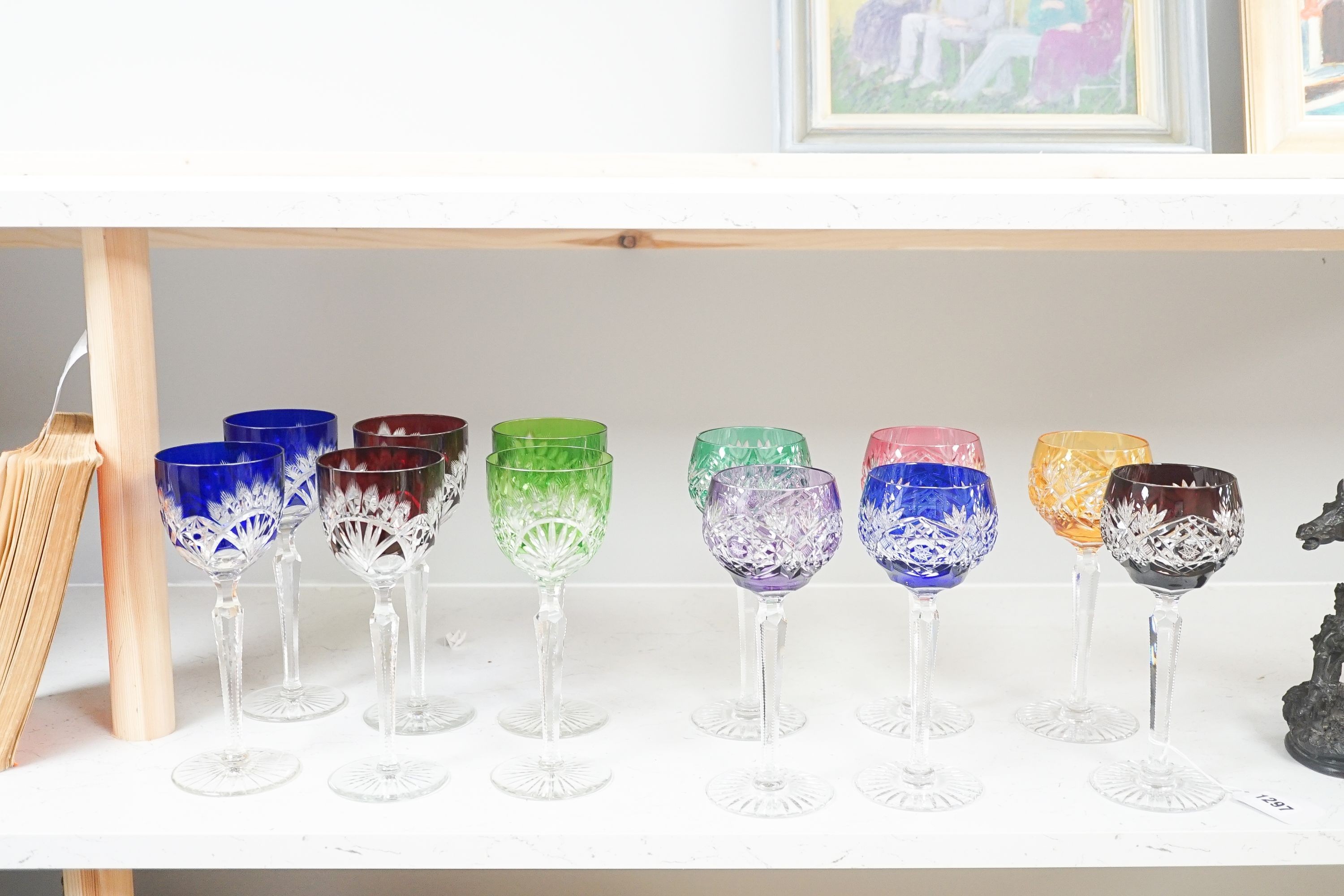 Two harlequin sets of six cut and colour flashed Hock glasses, tallest 21 cm(12)